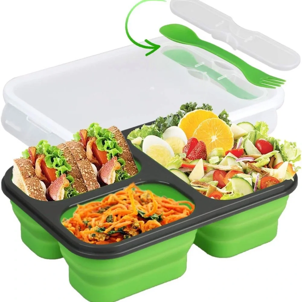 2 sets Eco one Silicone Bento Box, Lunch Box ,food storage with 3 Compartments